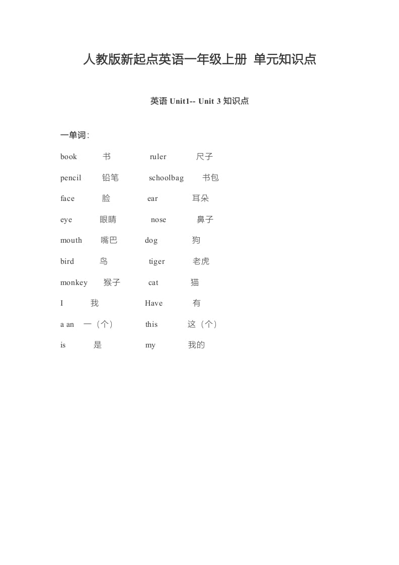 一年级英语上册单元知识点（人教一起点）-佑学宝学科网