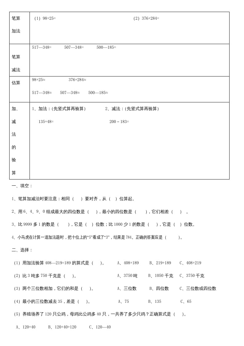 三年级数学上册第二单元_万以内的加法和减法_知识要点及复习题[1]（人教版）-佑学宝学科网