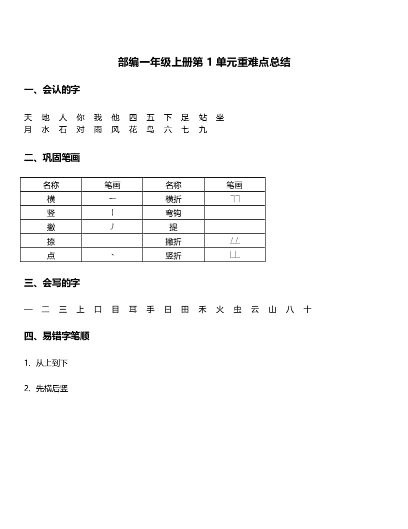 一年级语文上册-第1单元重难点知识总结（部编版）-佑学宝学科网