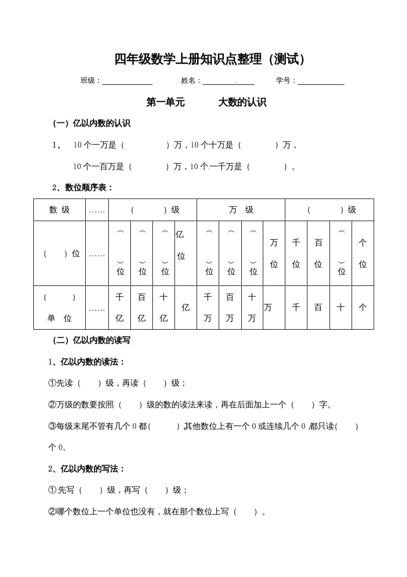 四年级数学上册【必考知识点】知识点整理（第1～2单元）（人教版）-佑学宝学科网