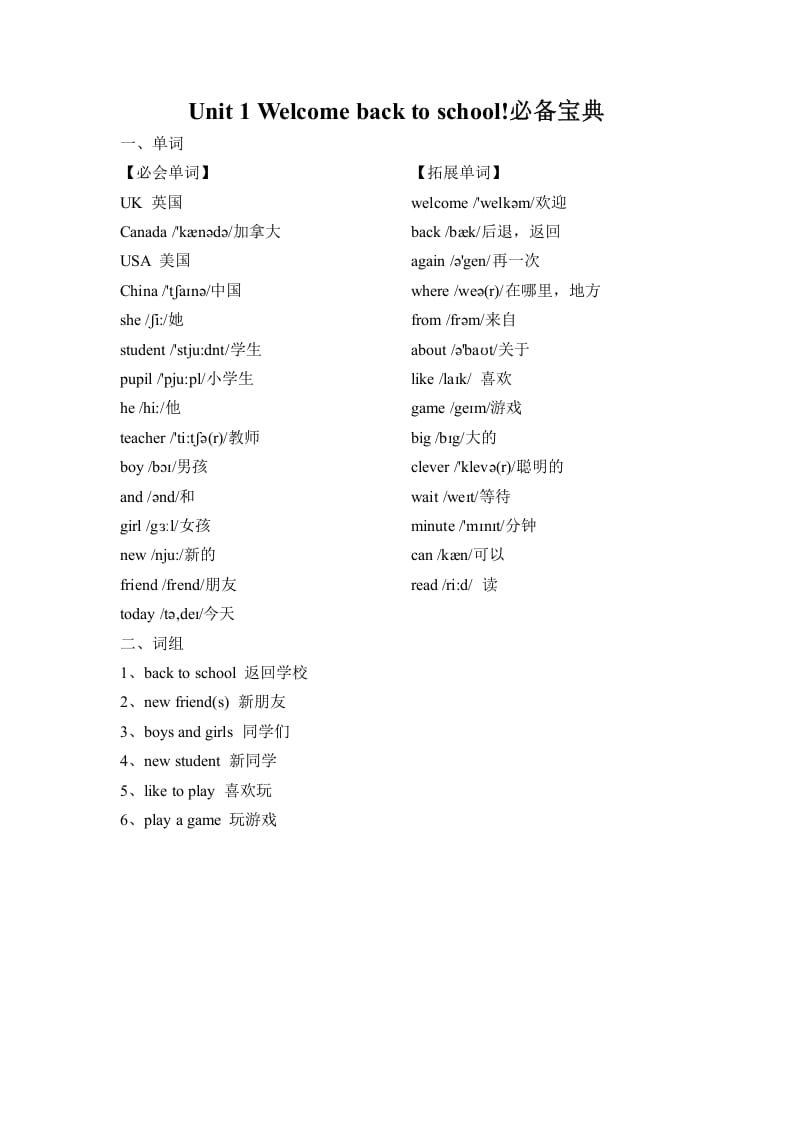 三年级英语下册人教版PEPUnit1Welcomebacktoschool必备复习宝典（知识总结+巩固练习+答案）-佑学宝学科网