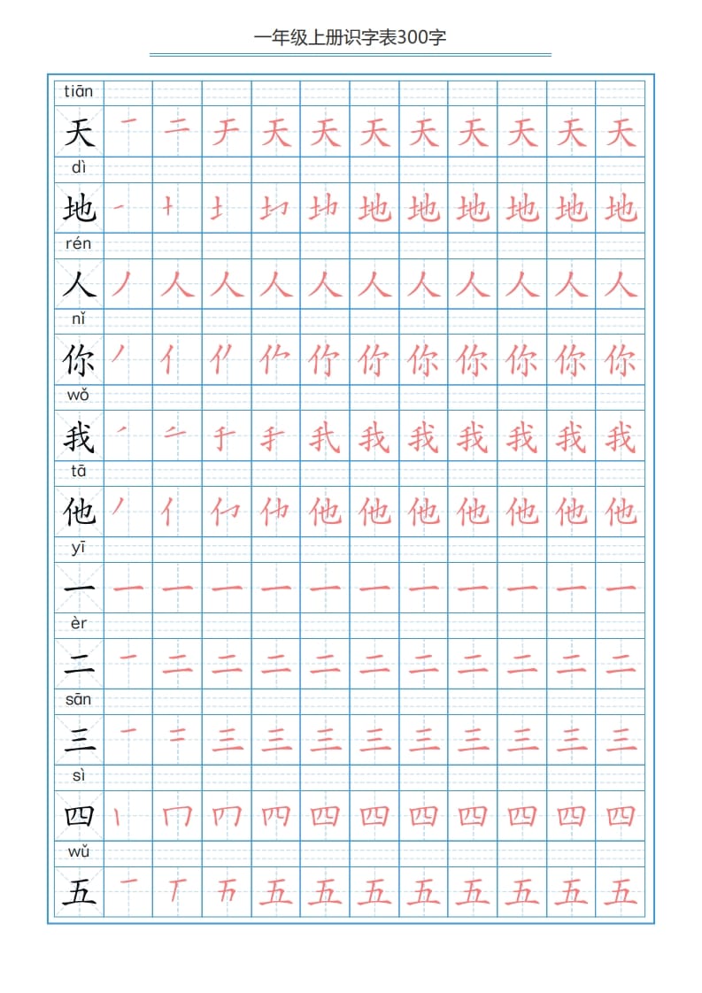一年级语文上册识字表字帖（300字29页）PDF（部编版）-佑学宝学科网