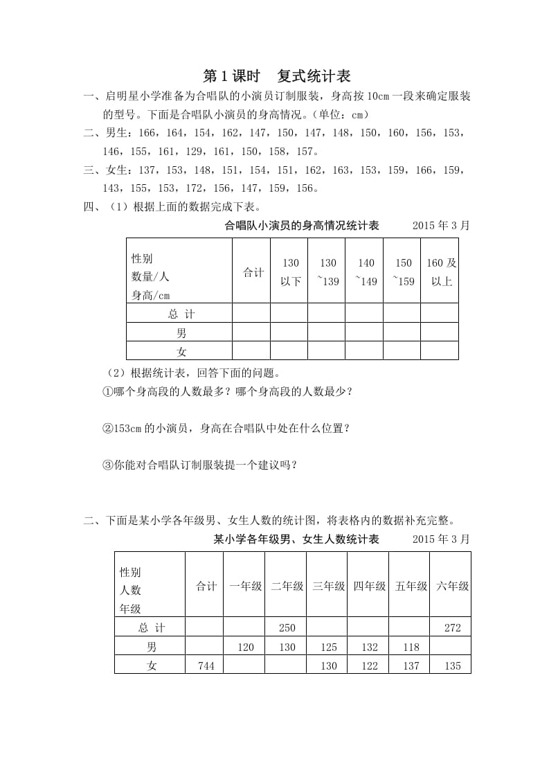 五年级数学上册第1课时复式统计表（苏教版）-佑学宝学科网