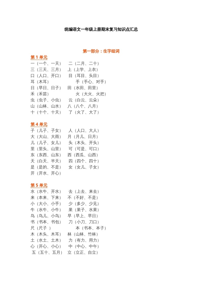 一年级语文上册部编本：统编期末复习知识点汇总（部编版）-佑学宝学科网