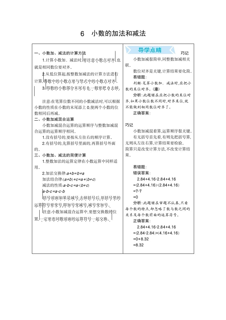 四年级数学下册6.小数的加法和减法-佑学宝学科网