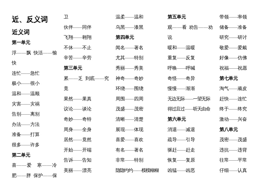 二年级语文上册近反义词汇总（部编）-佑学宝学科网