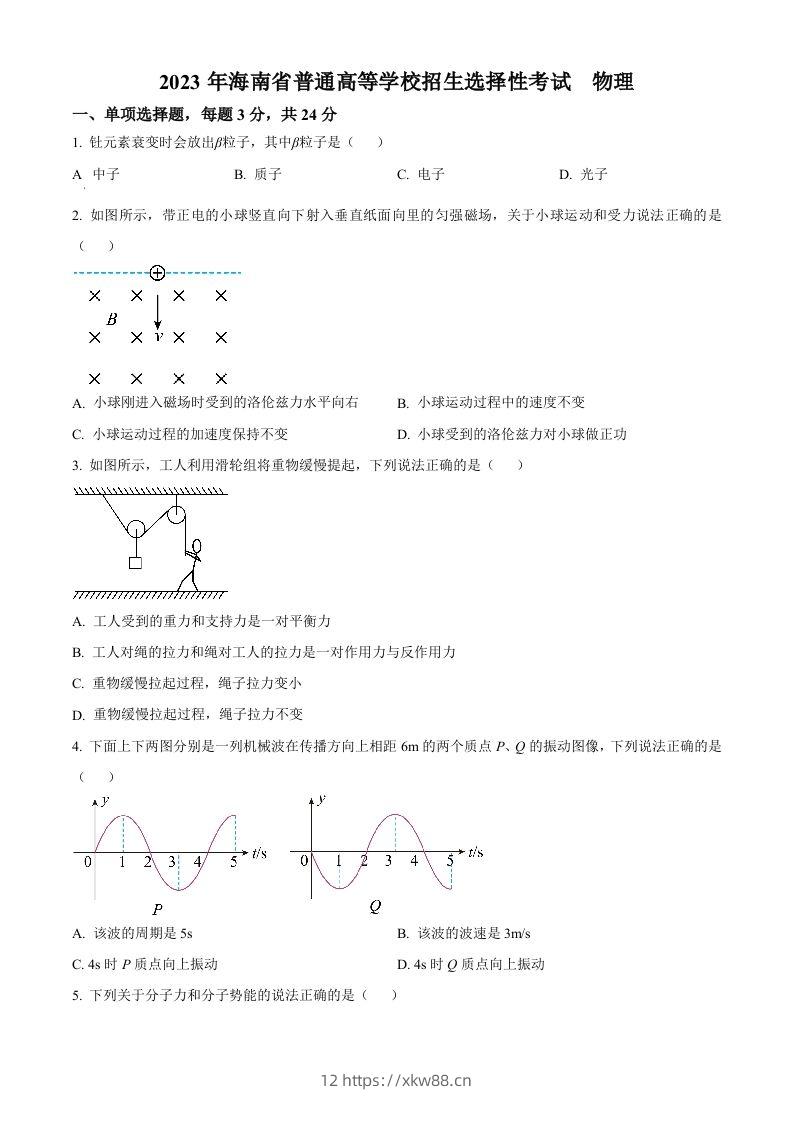 2023年高考物理试卷（海南）（空白卷）-佑学宝学科网