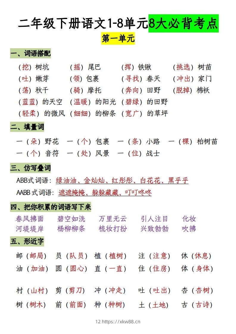 二下册语文1-8单元8大考点必背（1-4单元）(1)-佑学宝学科网