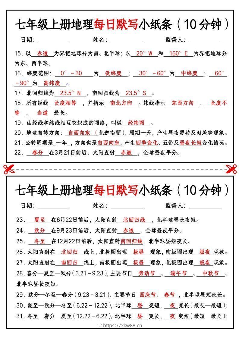 图片[2]-七年级上册地理每日默写小纸条（10分钟）-佑学宝学科网