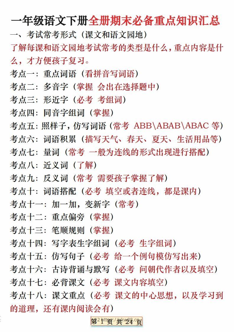 期末复习重点知识汇总一下语文-佑学宝学科网