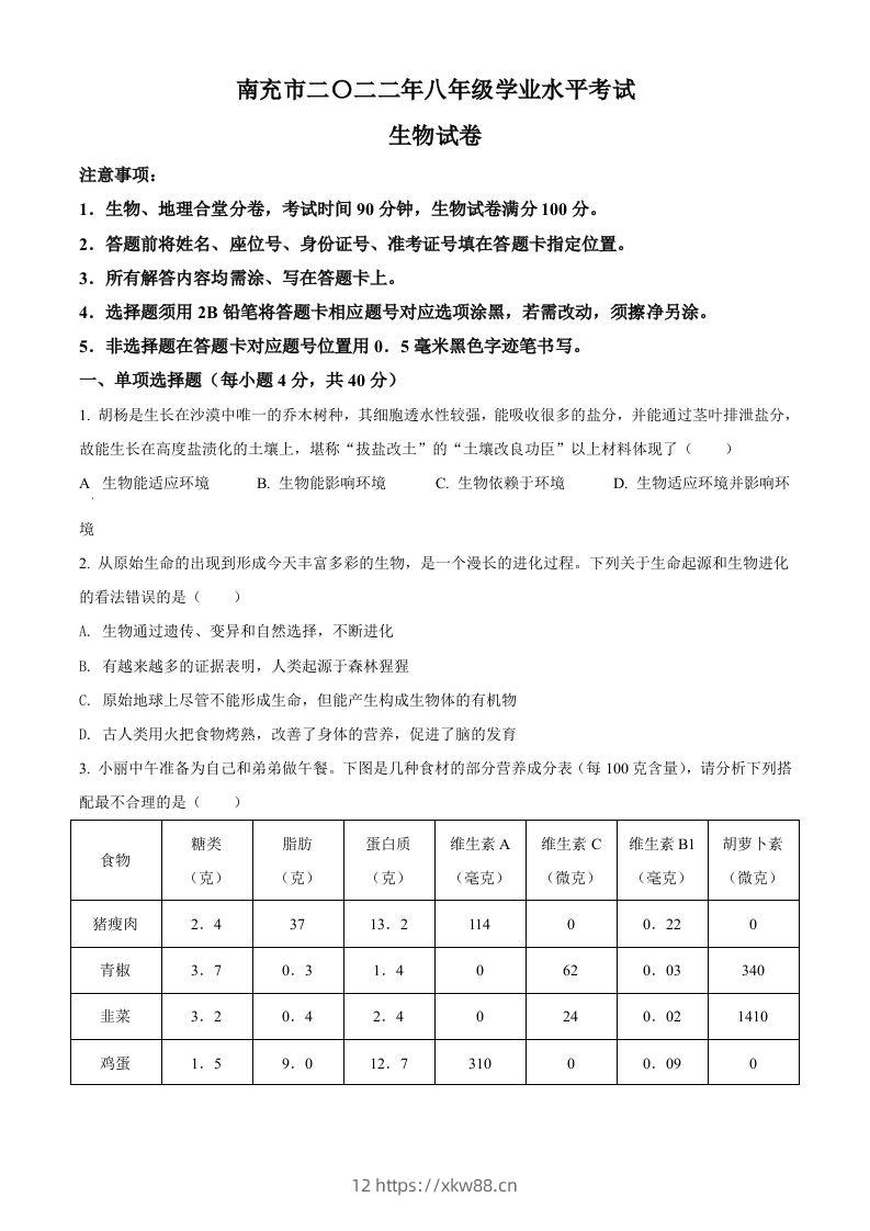 2022年四川省南充市中考生物真题（空白卷）-佑学宝学科网