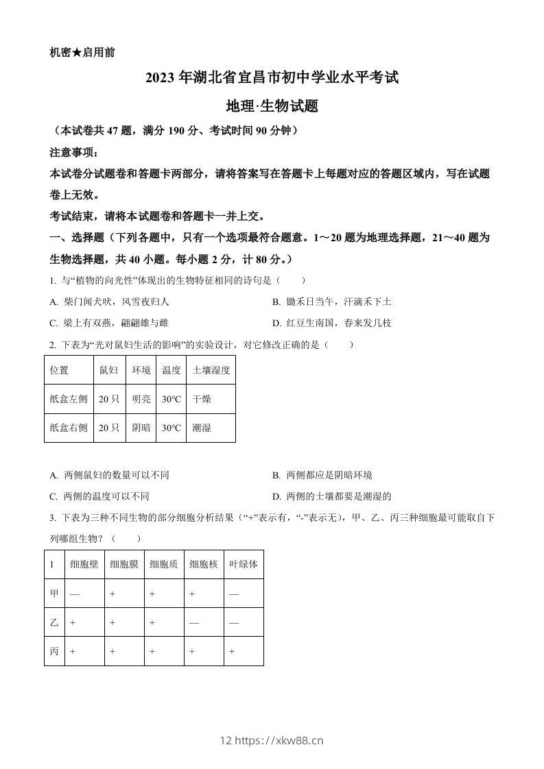 2023年湖北省宜昌市中考生物真题（空白卷）-佑学宝学科网