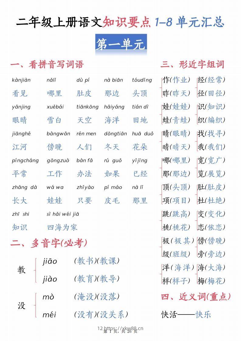 【1-8单元汇总知识要点（26页）】二上语文-佑学宝学科网
