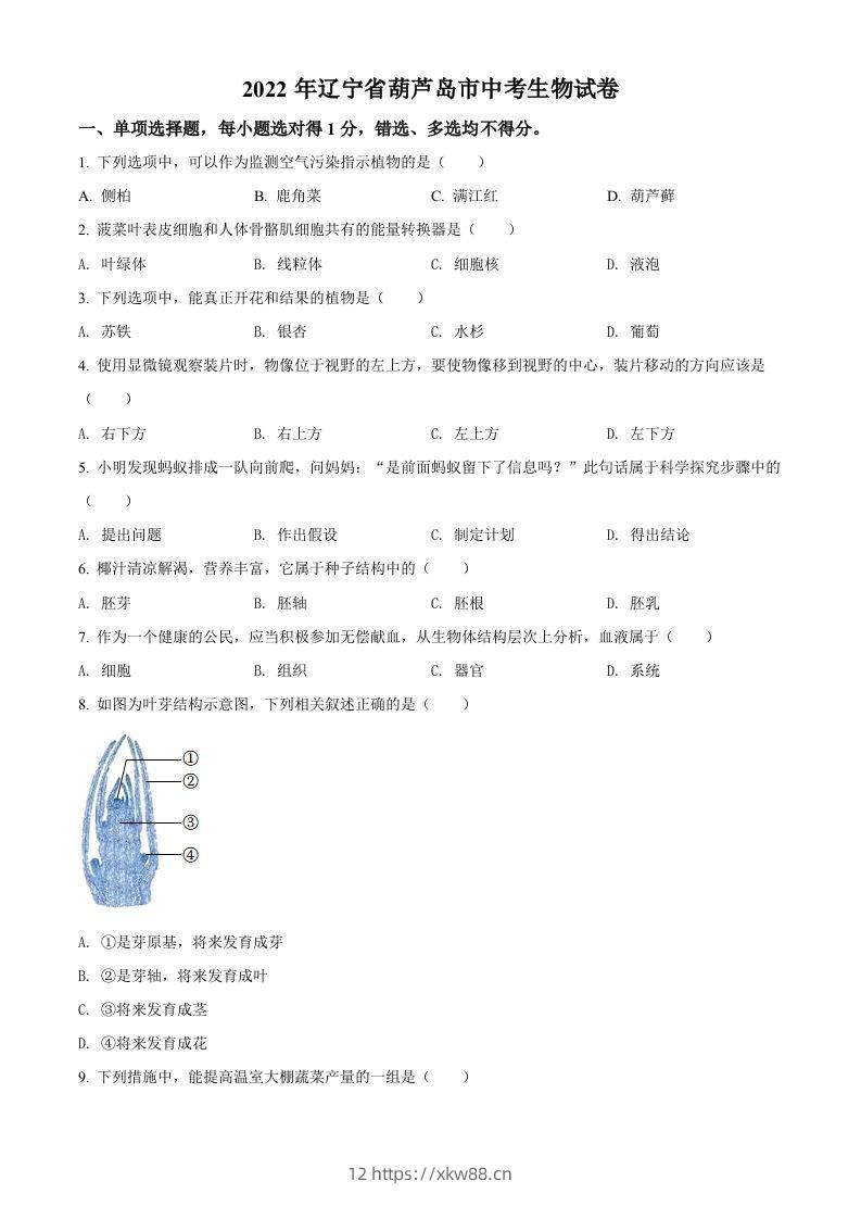 2022年辽宁省葫芦岛市中考生物真题（空白卷）-佑学宝学科网