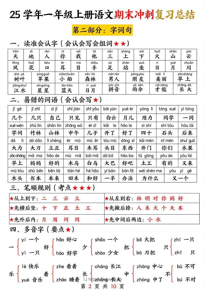 图片[2]-【25学年-期末冲刺复习总结（五大部分）10页】一上语文-佑学宝学科网