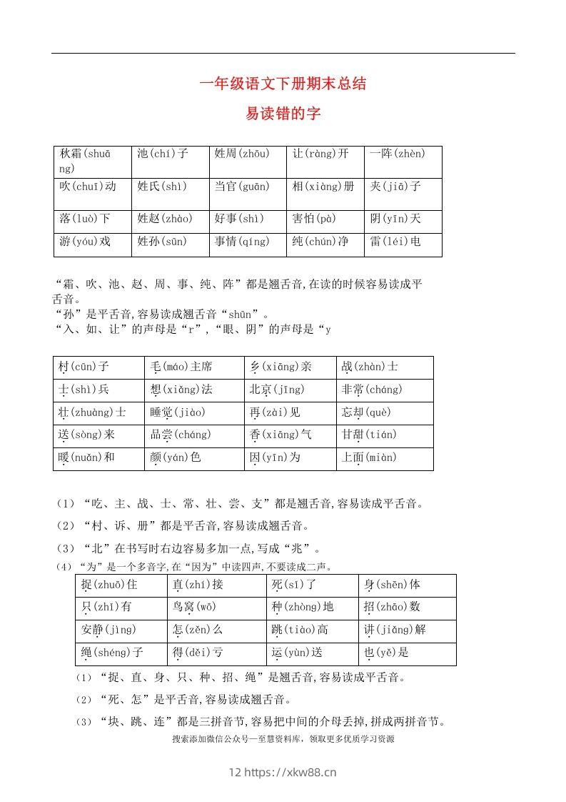 一年级语文下册期末总结—易读（写）错的字-佑学宝学科网