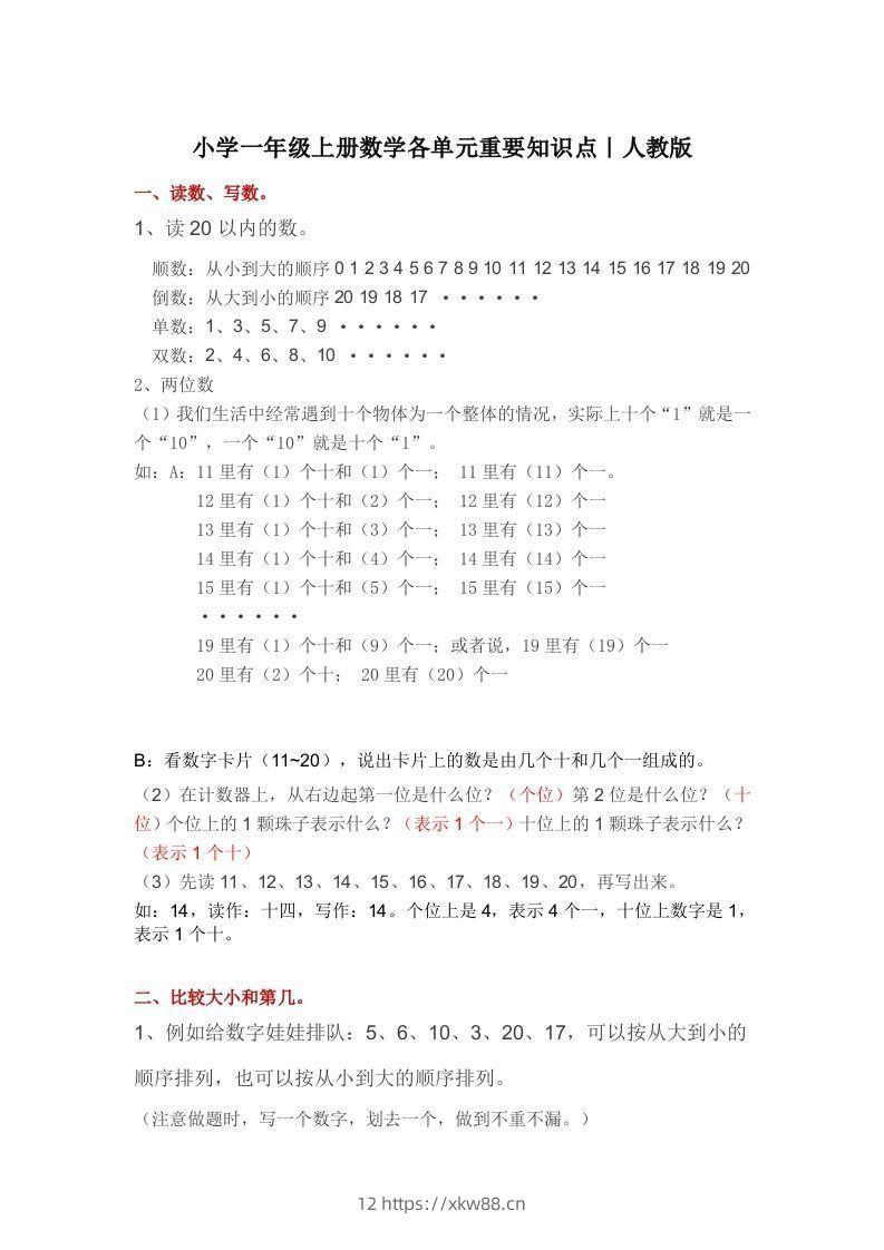 人教版一年级数学上册概念知识点整理-佑学宝学科网