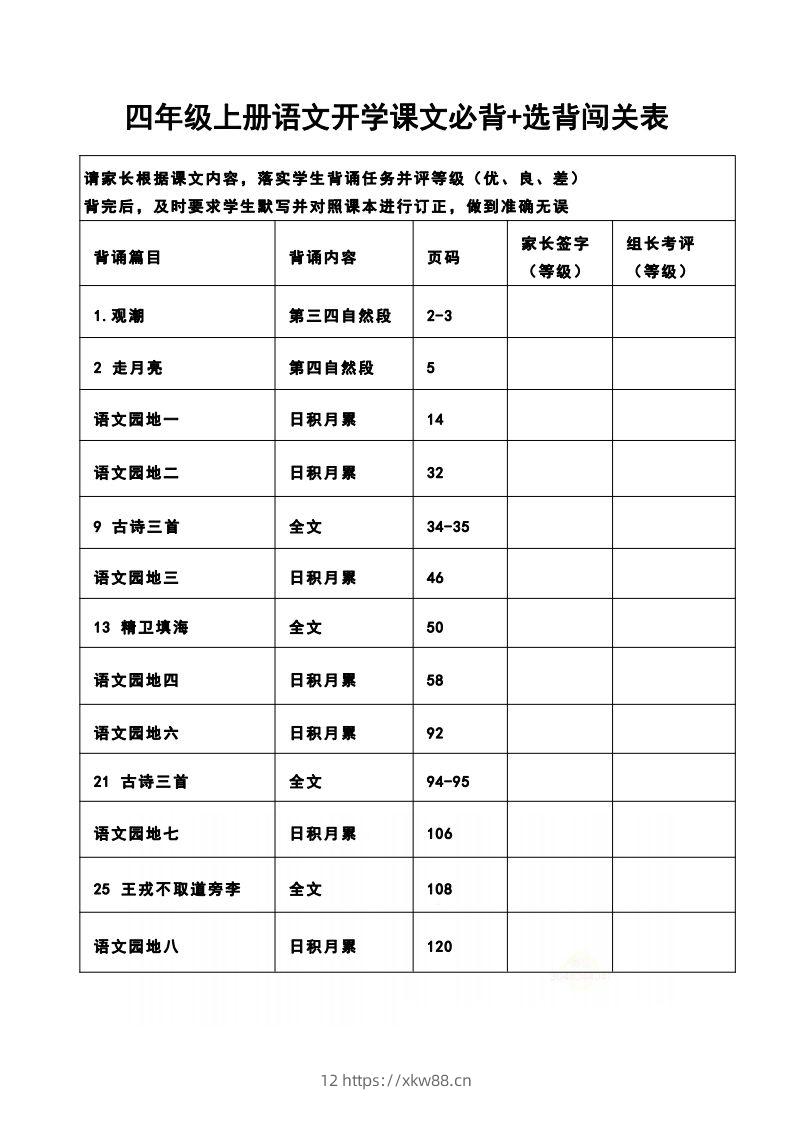 四（上）语文开学课文必背+选背闯关表-佑学宝学科网