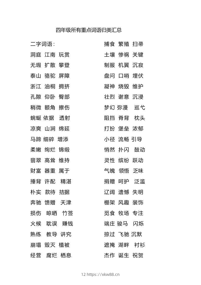 四（上）语文重点词语归类汇总-佑学宝学科网