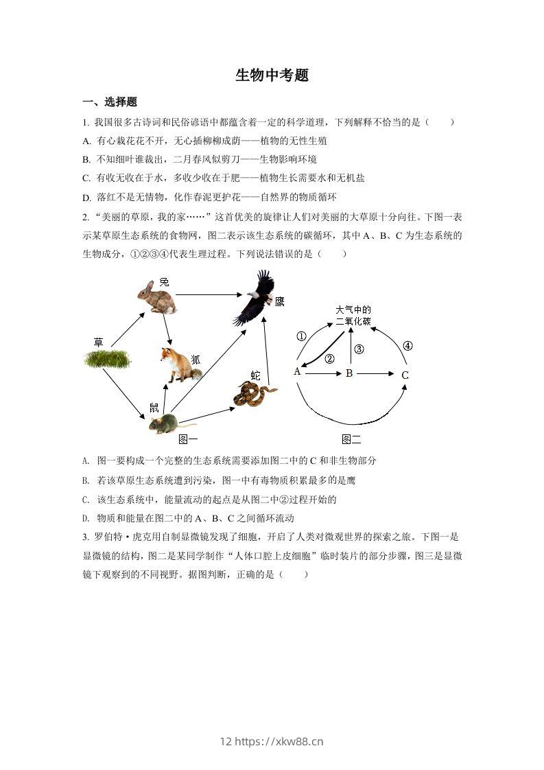 2022年四川省达州市中考生物真题（空白卷）-佑学宝学科网