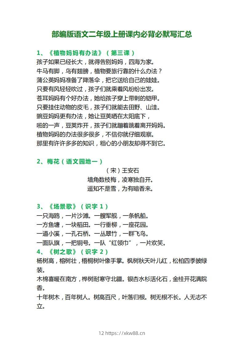 二上语文必背课文内容、古诗、日积月累-佑学宝学科网