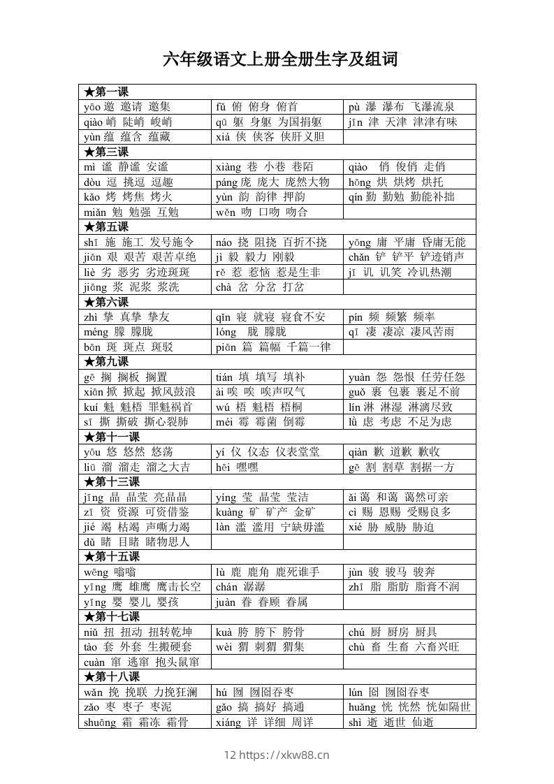 六年级语文上册全册生字及组词-佑学宝学科网