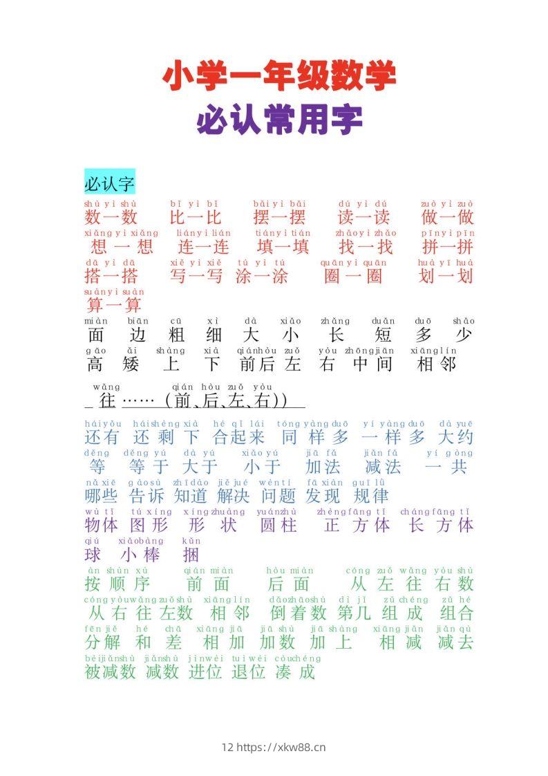 一年级上册数学必认常用字-佑学宝学科网