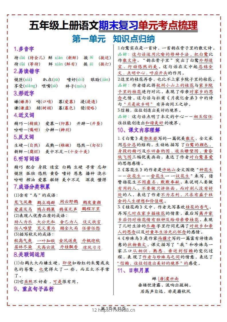 【期末复习1-8单元考点梳理】五上语文-佑学宝学科网
