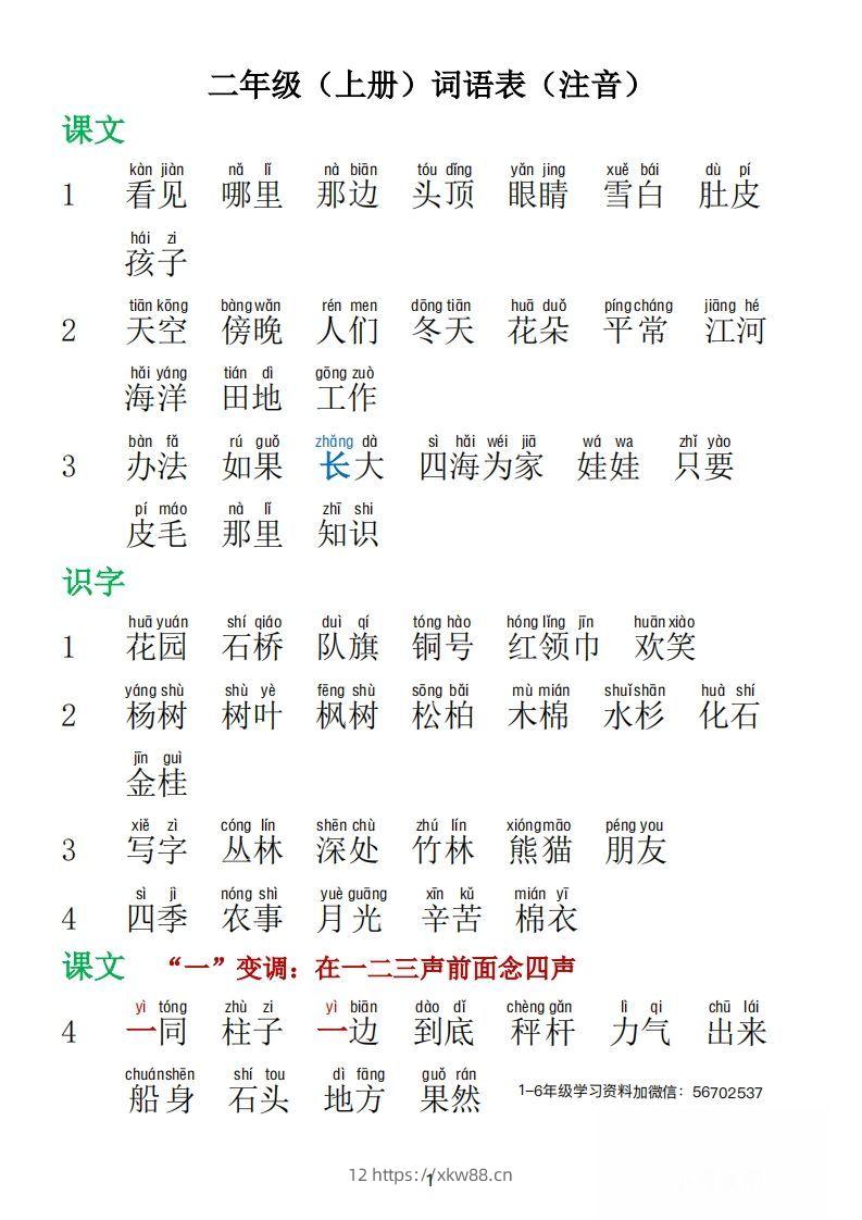 二年级语文上册词语表拼音版1-佑学宝学科网