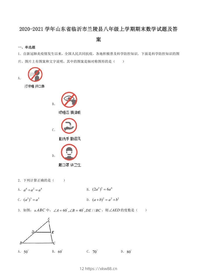 2020-2021学年山东省临沂市兰陵县八年级上学期期末数学试题及答案(Word版)-佑学宝学科网