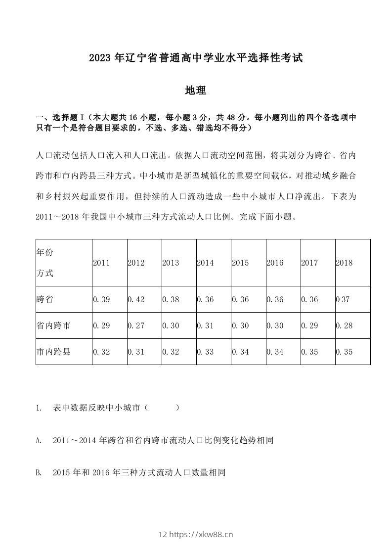 2023年高考地理试卷（辽宁）（空白卷）-佑学宝学科网