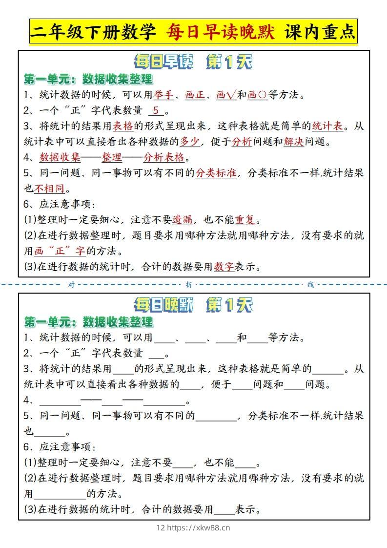 二下数学每日晨读晚默课内重点知识点（人教版）-佑学宝学科网