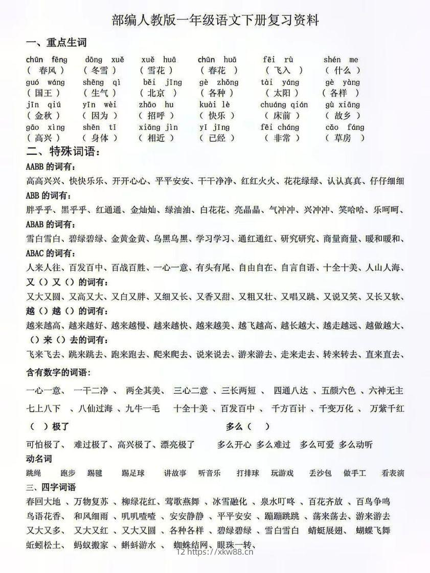 人教版一年级语文下册复习资料-佑学宝学科网
