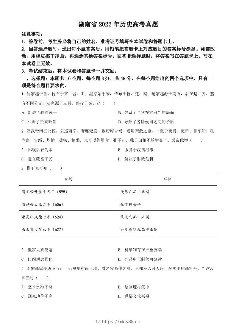 2022年高考历史试卷（湖南）（空白卷）-佑学宝学科网