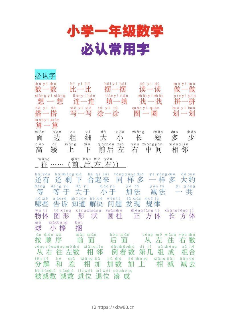 一年级数学必认常用字-佑学宝学科网