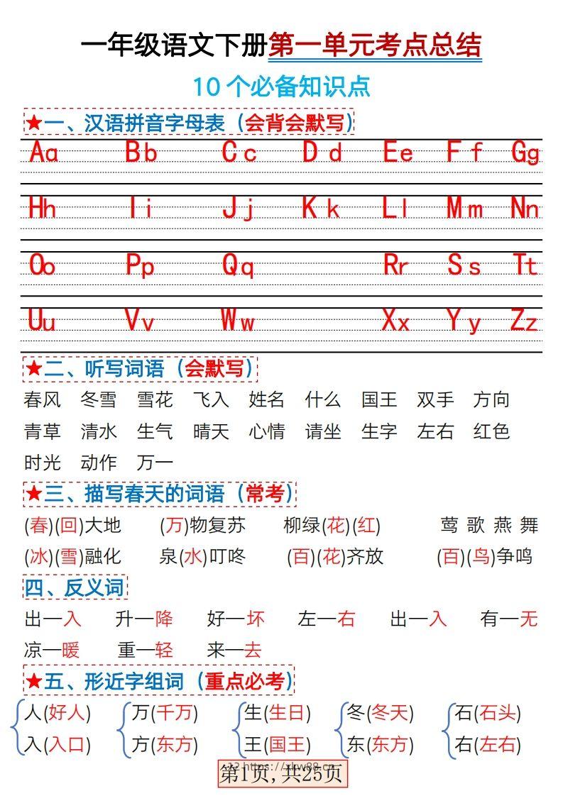 ★3.7一年级语文下册1-4单元考点总结-佑学宝学科网