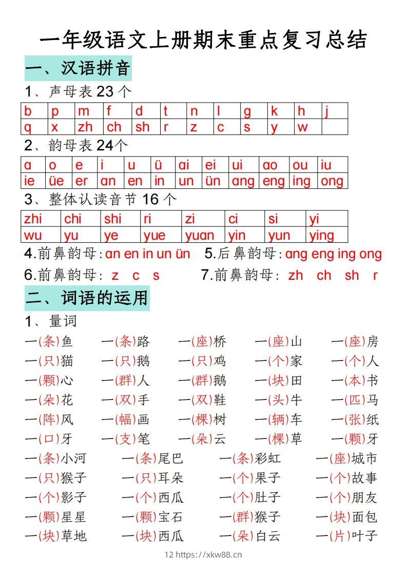 一年级语文上册期末重点复习总结-佑学宝学科网