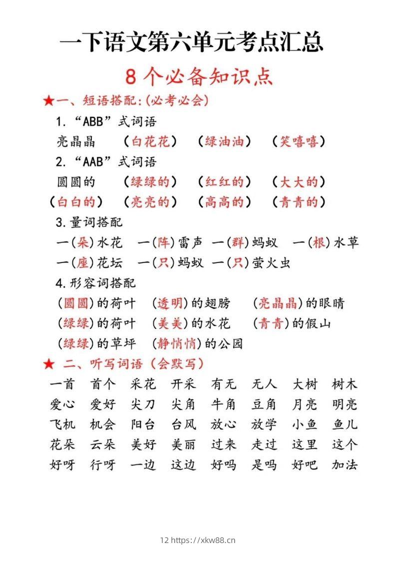 一下语文第六单元考点汇总-佑学宝学科网