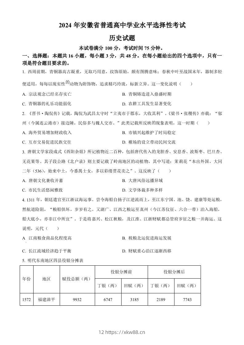 2024年高考历史试卷（安徽）（空白卷）-佑学宝学科网