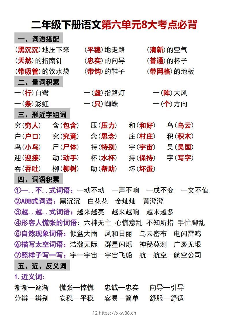 二年级下册语文第六单元8大考点必背-佑学宝学科网