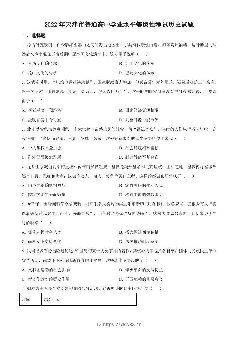 2022年高考历史试卷（天津）（空白卷）-佑学宝学科网