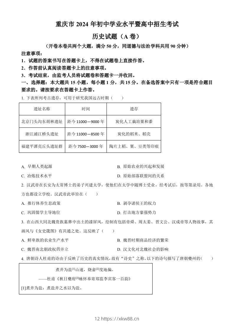 2024年重庆市中考历史真题（A卷）（空白卷）-佑学宝学科网