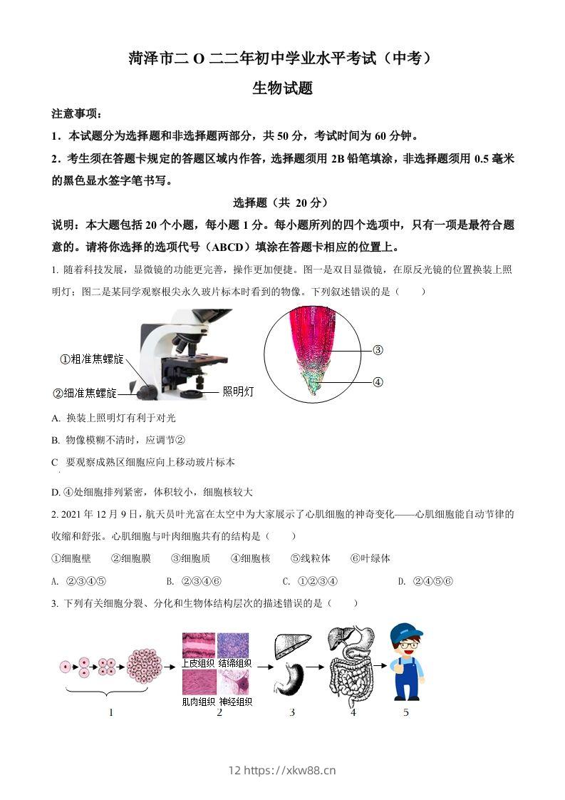 2022年山东省菏泽市中考生物真题（空白卷）-佑学宝学科网