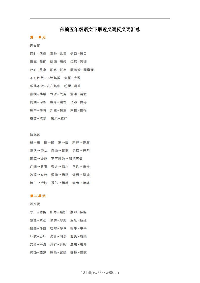 五年级语文下册近义词反义词汇总（部编版）-佑学宝学科网