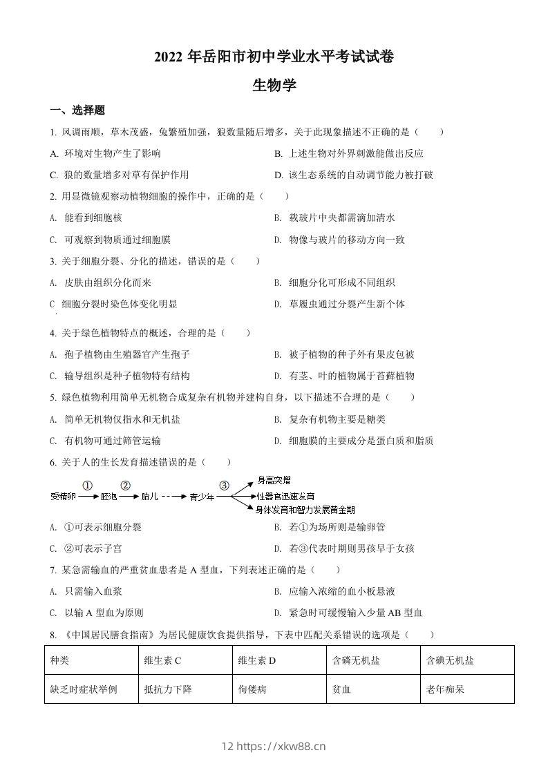 2022年湖南省岳阳市中考生物真题（空白卷）-佑学宝学科网