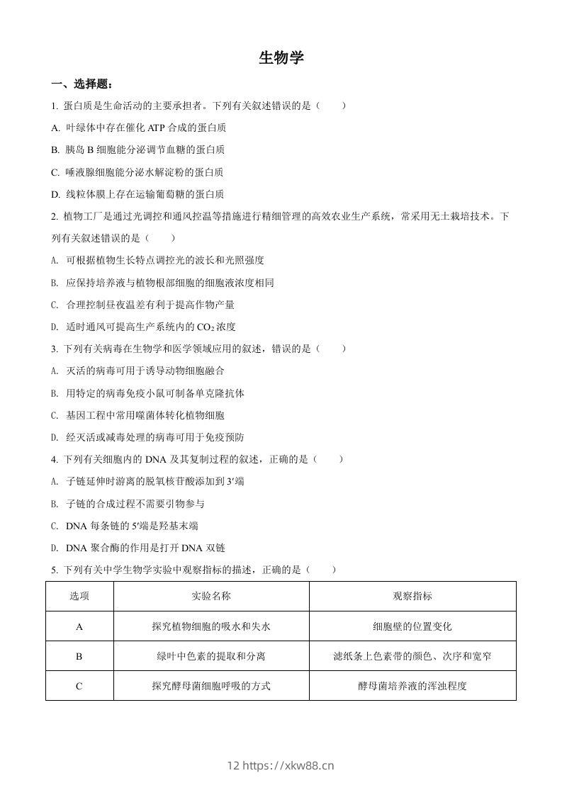 2021年高考生物试卷（辽宁）（空白卷）-佑学宝学科网