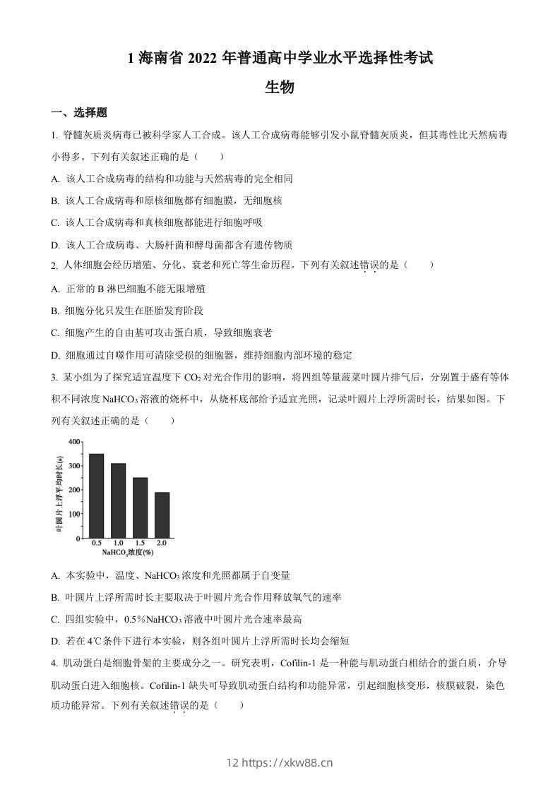 2022年高考生物真题（海南）（空白卷）-佑学宝学科网