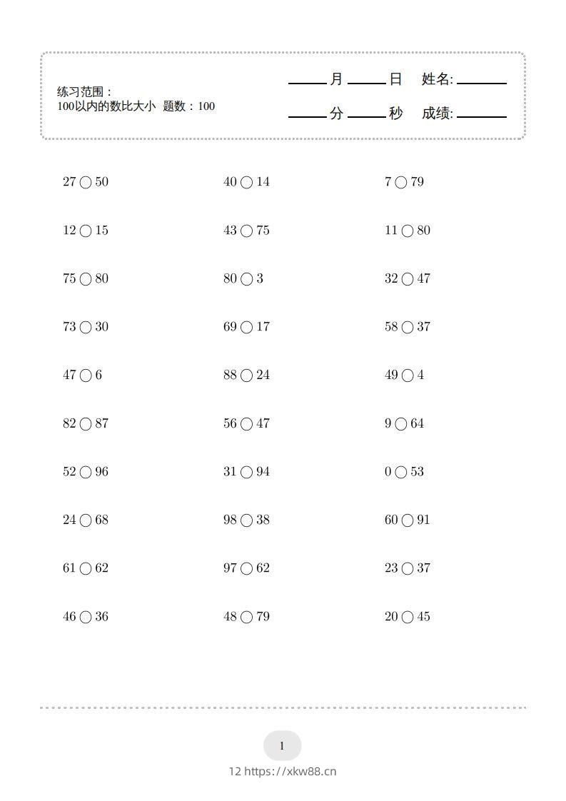 一年级数学下册(100以内的数比大小)1000题（人教版）-佑学宝学科网