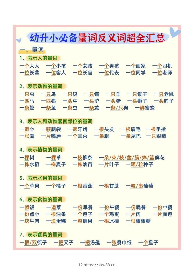 幼小衔接必备量词反义词汇总-佑学宝学科网