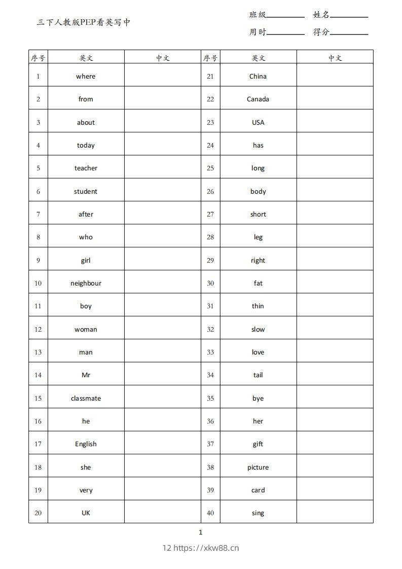 三下人教版英语PEP看英写中-佑学宝学科网